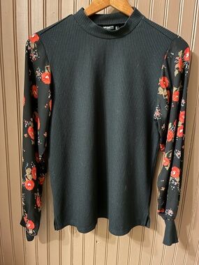 Cruel Girl Black Ribbed Top with Red Floral Sleeves